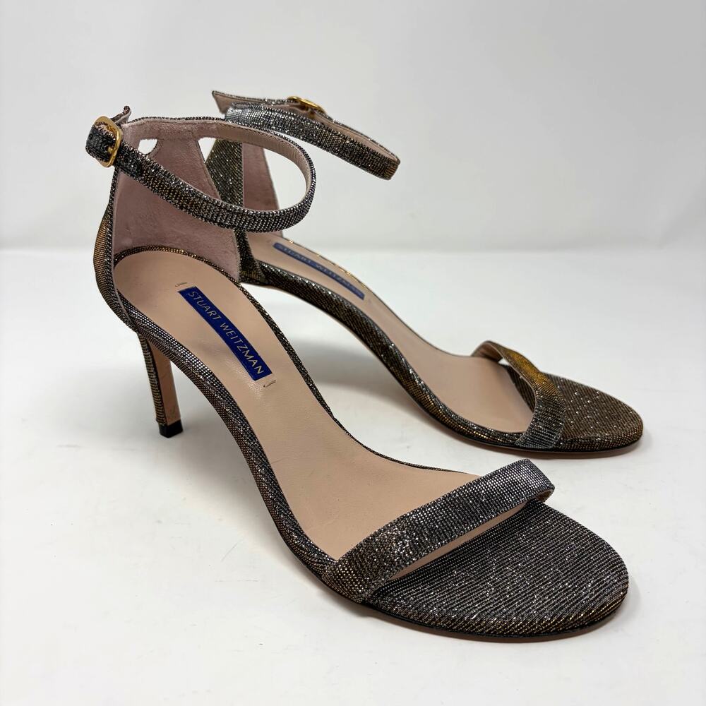 STUART WEITZMAN Metallic Stiletto Ankle Strap Heels (7.5)